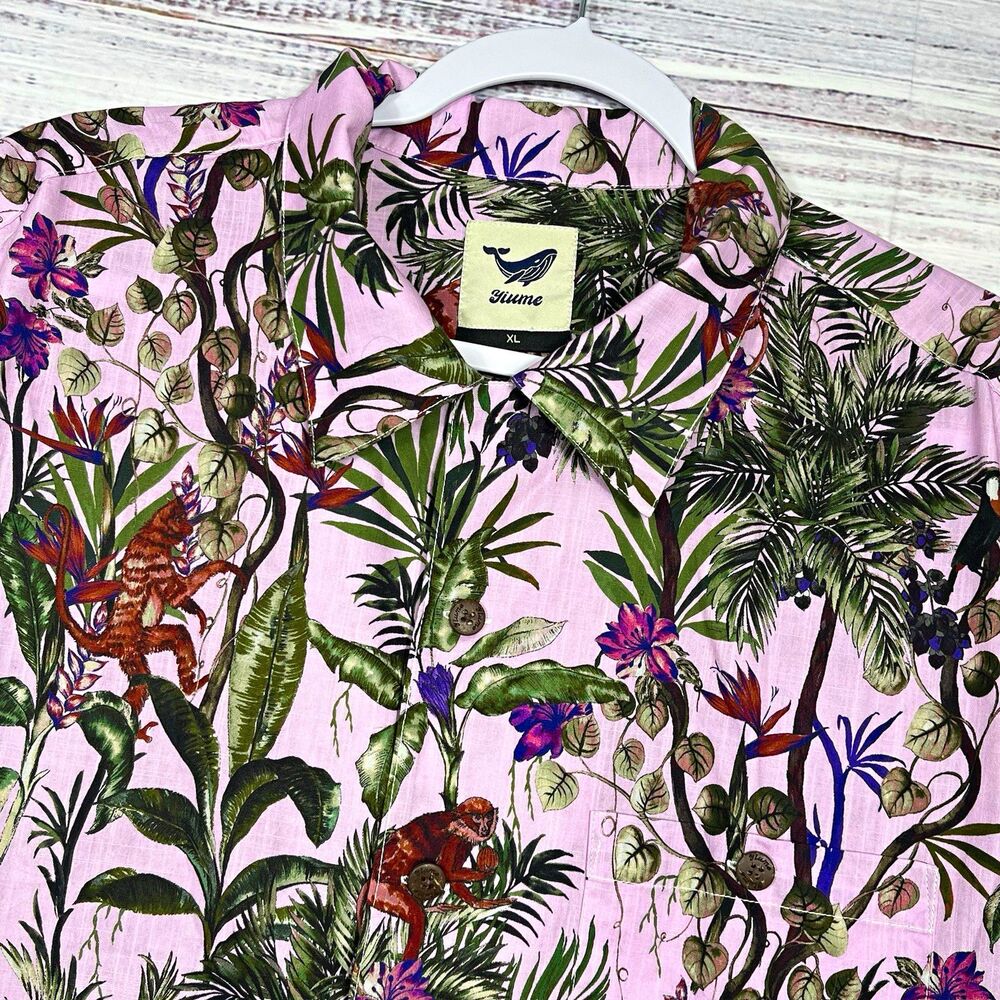 Yiume Men’s XL Cotton Woven Button-Up Shirt Pink Tropical Floral Monkey S/S